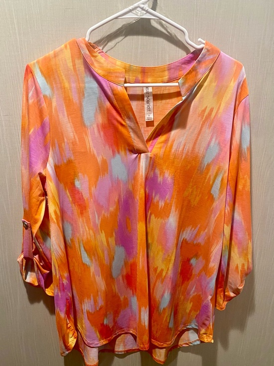 Dear Scarlett Tops - Dear Scarlett Orange Multi-Brushstroke V-Neck Blouse